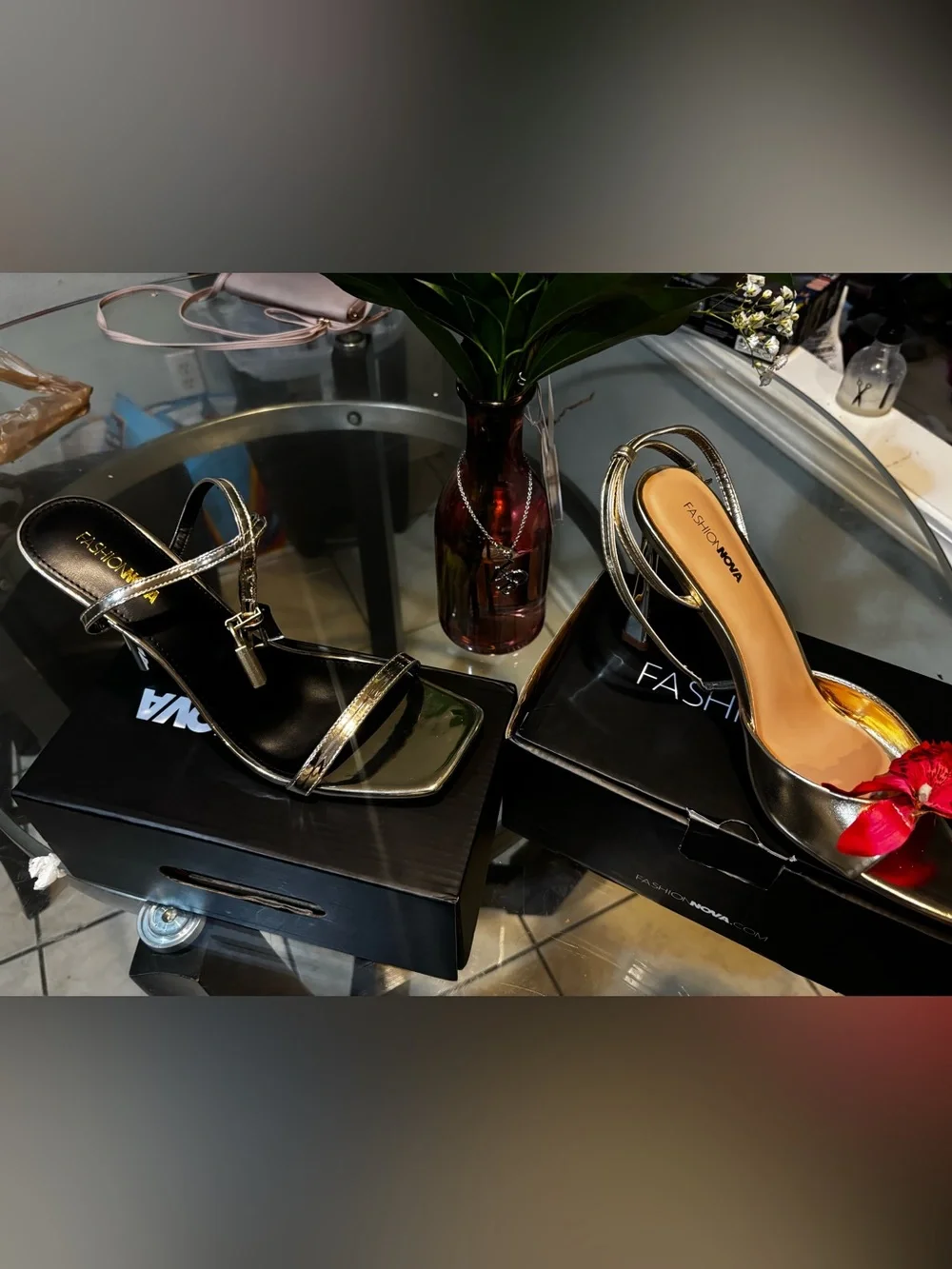 Fashion Nova Metallic Gold Slingback Heels with Red Bow